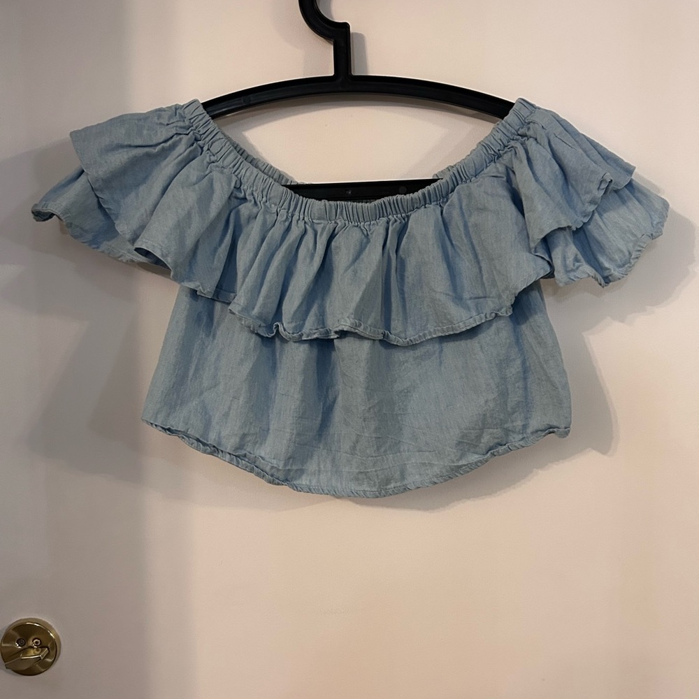 Choies Light Blue Off-Shoulder Ruffle Crop Top